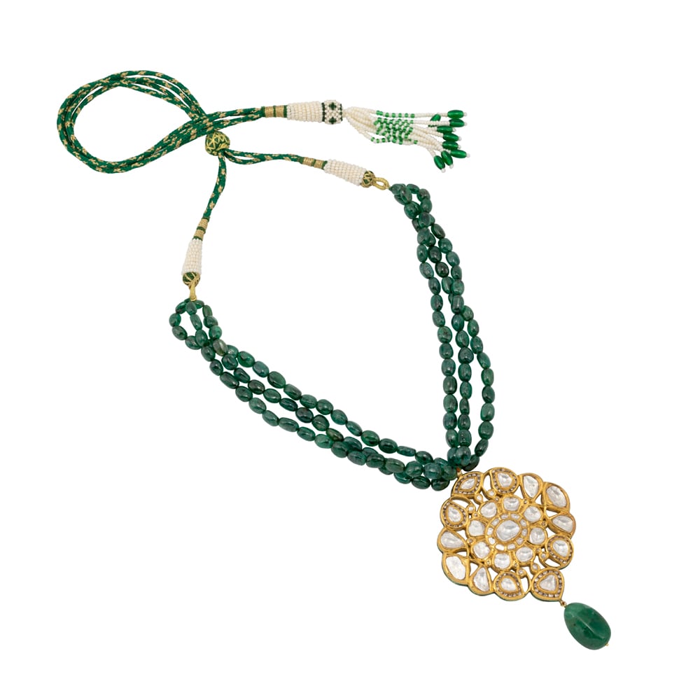 Three-Strand Zambian Emerald Necklace with Polki Pendant